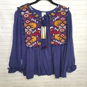 ALYA Open Front Peasant Floral Embroidered w Tassel Closure in Navy, sz Medium